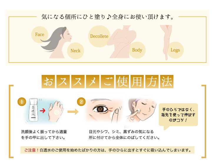 気になる箇所にひと塗。全身にお使い頂けます。おすすめのご使用方法。